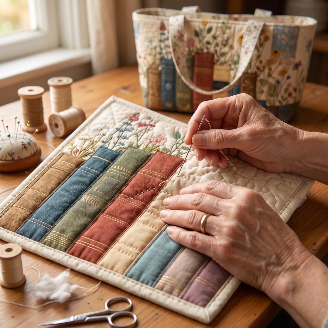 Artisan Quilted Bag - Books and Flowers